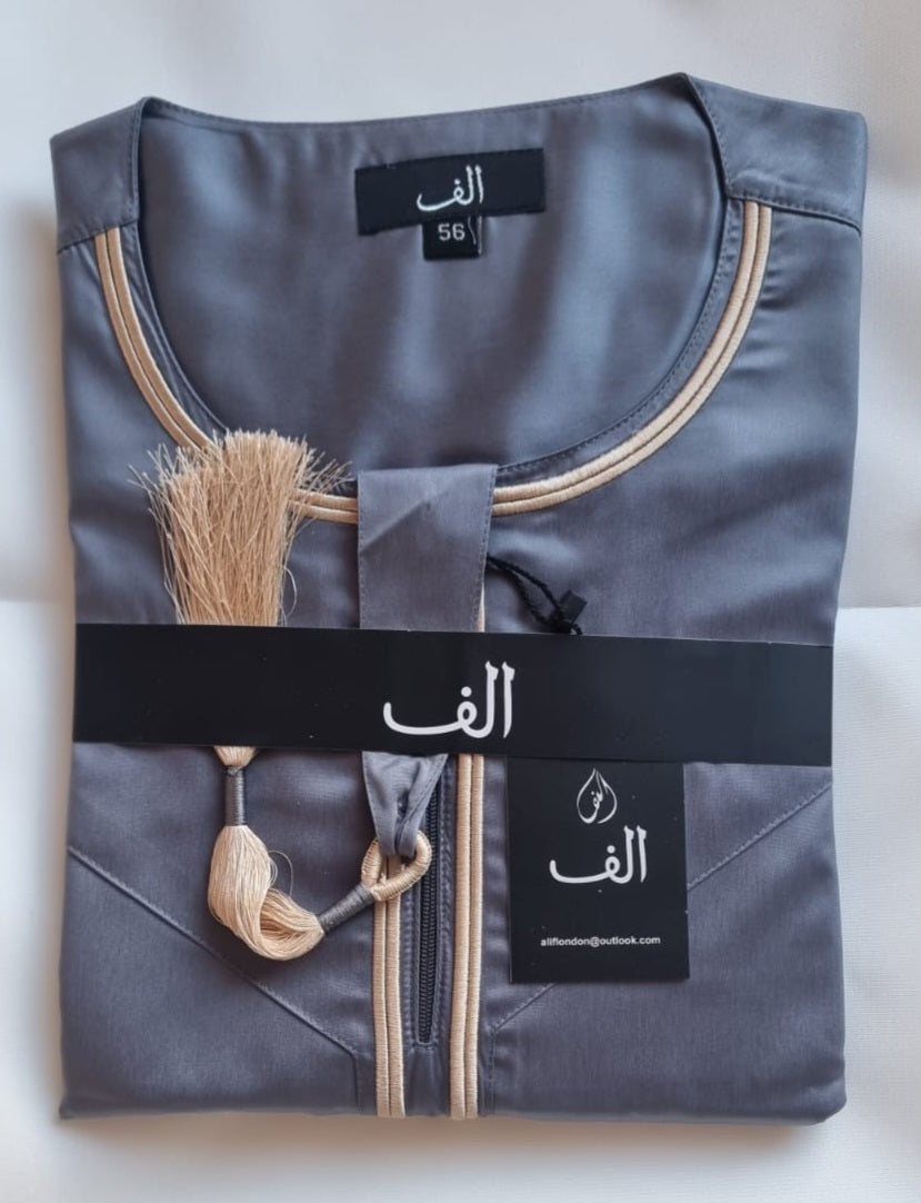 Premium Grey & Gold Thobe Jubba With Tassel